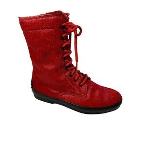 TOD'S Women's Fur/Animal Hair Lace Up Vibram Sole Combat Boots Red Size 36.5